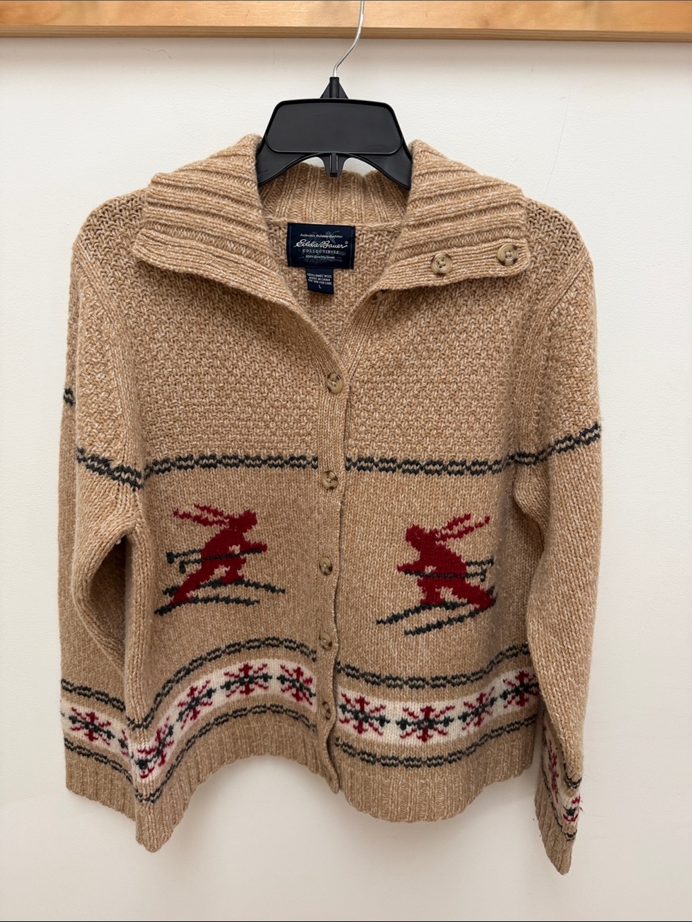 Eddie Bauer Tan Ski-Motif Button-Front Cardigan